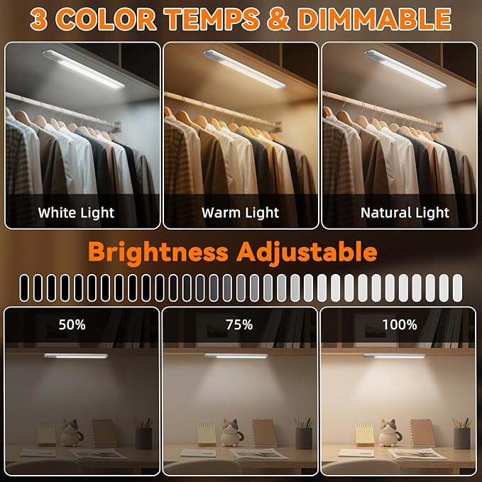 Under Cabinet Lighting Wireless, Rechargeable Motion Sensor Light Indoor, 3 Color Dimmable Closet Light Battery Operated with LED Power Display, Magnetic Under Counter Lights for Kitchen, Home (6Pack)