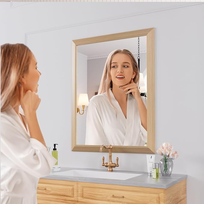 Bathroom Mirror, 28" X36" (Oak Wood Grain) | Metal Frame Mirror for Wall, HD Reflection, Anti-Rust, Horizontally/Vertically, Suitable for Bathroom, Farmhouse, Entryway