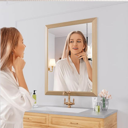 Bathroom Mirror, 28" X36" (Oak Wood Grain) | Metal Frame Mirror for Wall, HD Reflection, Anti-Rust, Horizontally/Vertically, Suitable for Bathroom, Farmhouse, Entryway