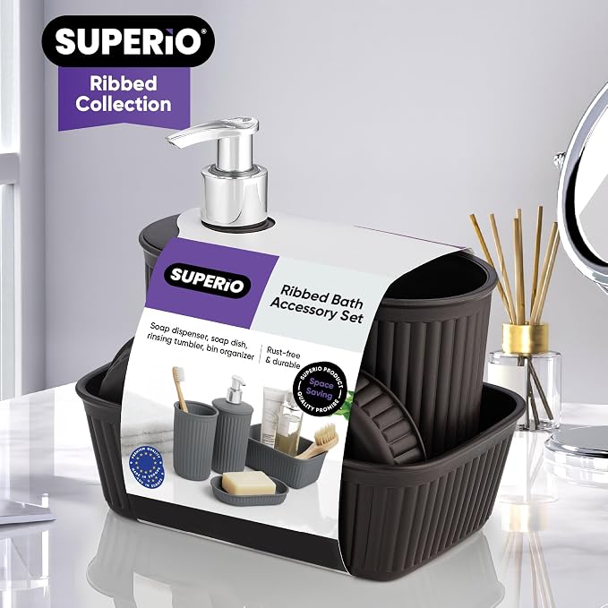 Superio Ribbed Collection - Decorative Plastic Bathroom Accessories Set, Brown (Set of 4) Soap Dish, Liquid Dispenser, Toothbrush Holder Cup, Vanity Organizer Tray Bathroom Countertop Decor Gift
