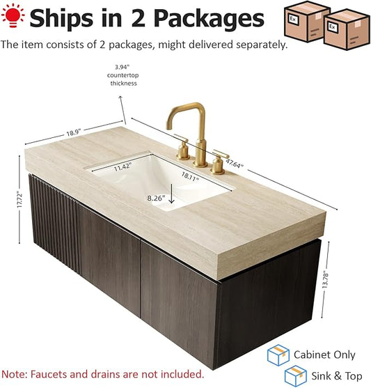 48" Floating Bathroom Vanity with Sink, Plywood Bathroom Vanities, Roma Travertine Sintered Stone Top and 3 Pre-drilled Faucet Holes Ceramic Basin, Pre-Assembled, Espresso Woodgrain