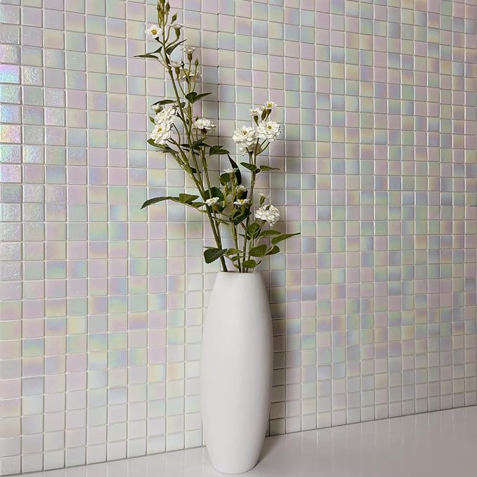 DICOFUN 2 White Rainbow Peel and Stick Backsplash, 6.6" x 6.6" Glass Mosaic Tile for Kitchen and Bathroom