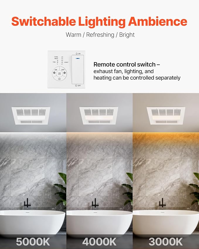 VEVOR Bathroom Exhaust Fan with Light and Heater, 80-90-110 CFM 1500W Bathroom Vent, 1.5 Sones Low-Noise, Premium DC Motor Ceiling Fan for Laundry Room, Storage Room, Home Ventilation, White