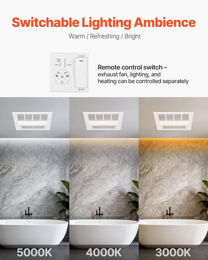VEVOR Bathroom Exhaust Fan with Light and Heater, 80-90-110 CFM 1500W Bathroom Vent, 1.5 Sones Low-Noise, Premium DC Motor Ceiling Fan for Laundry Room, Storage Room, Home Ventilation, White