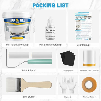 White Tub and Tile Paint, 70oz Tub and Tile Refinishing Kit with Hardener, Bathtub Paint for Bathroom, Kitchen, Tile and Bathtub, 100-120sq.ft
