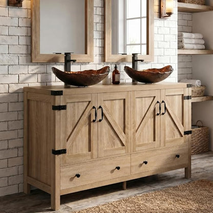 48 inch Natural Color Bathroom Vanity, Rustic Fixture Standing Pedestal Cabinet with Two Brown Leaf Sinks