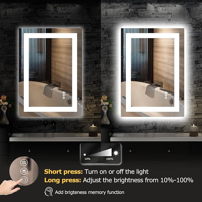 Hivone 28"X20" LED Bathroom Mirror with Lights, Anti-Fog, Dimmable, Backlit + Front Lit, Smart Bathroom Vanity Mirror, Memory Function, Shatterproof, Tempered Glass (Horizontal/Vertical)
