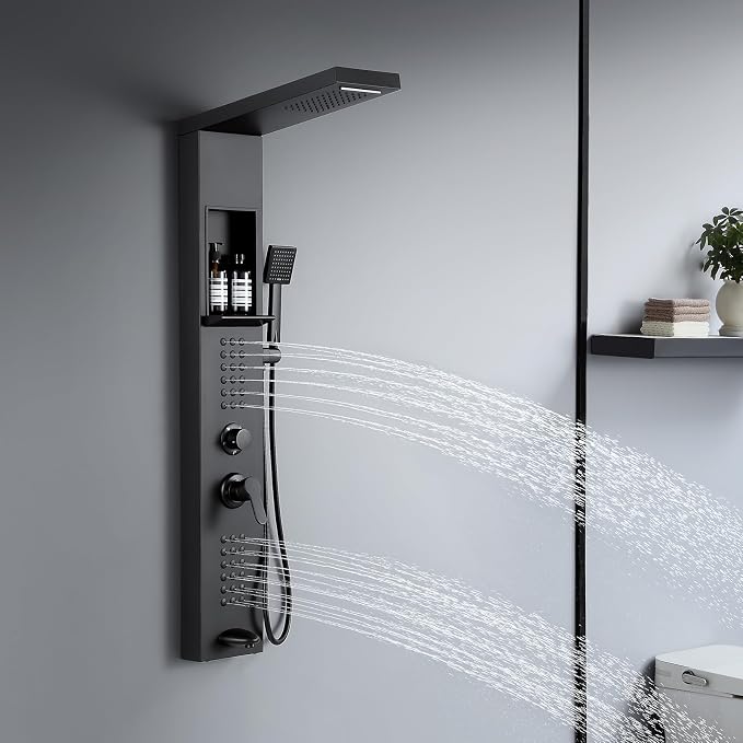 5 in 1 Rainfall Waterfall Shower Panel Tower with Shelf, Matte Black | Stainless Steel Shower Column with Powerful Body Jets, Flexible Handheld Shower and Tub Spout