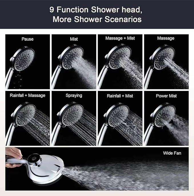 Magnetic Shower Head with Handheld Chrome | High Pressure 9-setting Handheld Shower Head, Magnetic Bracket,59 Inches Stainless Steel Shower Hose. (Basic Model, Chorme)