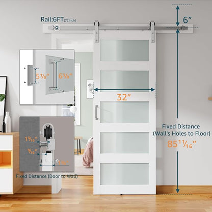 32'' x 84'' Glass Barn Door and 6FT Brushed Nickel Hardware Kit | MDF White Barn Door Slab with Frosted Glass, PVC Surface, Combined with Handle and Floor Guide-Assembly Required