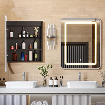 APRILSOUL 24x30 Inch Lighted Bathroom Medicine Cabinet with Mirror, Silver Recessed or Surface Mount Medicine Cabinet Mirror with Storage and LED Lights, 3 Colors Temperature, Dimmable Light