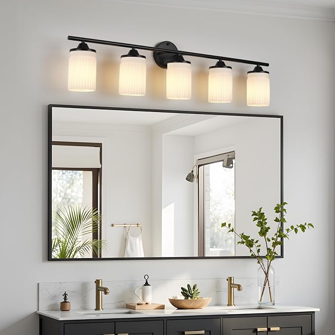 Jonsi Black Bathroom Light Fixtures 5-Light Vanity Lights Modern Wall Sconce with Milk White Shade Brushed Brass Bathroom Light Fixture Over Mirror for Bedroom Hallway Kitchen