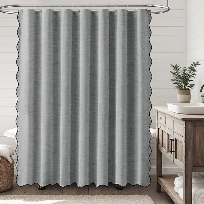 BTTN 84x72 Boho Scalloped Linen Textured Cloth Shower Curtain, Grey/Gray | Wide Size, 230GSM Waterproof Polyester, Heavy Duty Fabric, 14 Plastic Hooks, Elegant Modern Farmhouse Style, Machine Washable