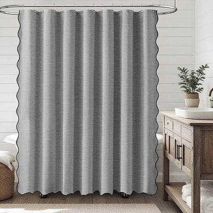 BTTN 84x72 Boho Scalloped Linen Textured Cloth Shower Curtain, Grey/Gray | Wide Size, 230GSM Waterproof Polyester, Heavy Duty Fabric, 14 Plastic Hooks, Elegant Modern Farmhouse Style, Machine Washable