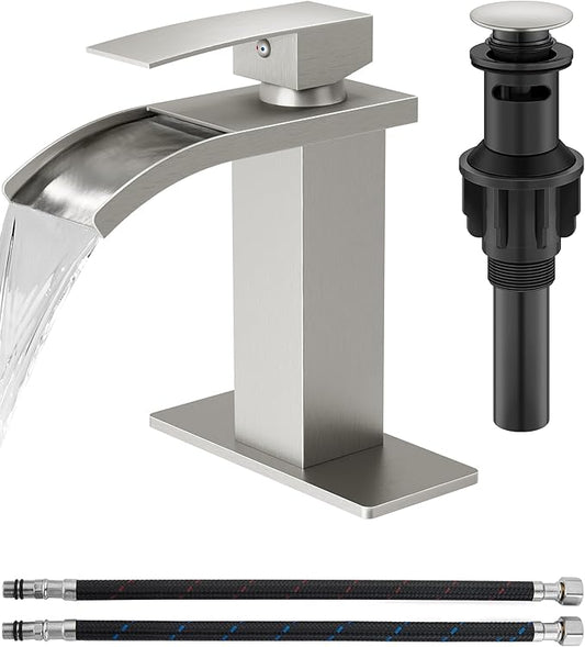 Waterfall Bathroom Faucet 1 Hole, Single Hole Bathroom Faucet, Single Handle Vanity Sink Faucet with Deck Plate, Pop-up Drain & Supply Lines, Brushed Nickel