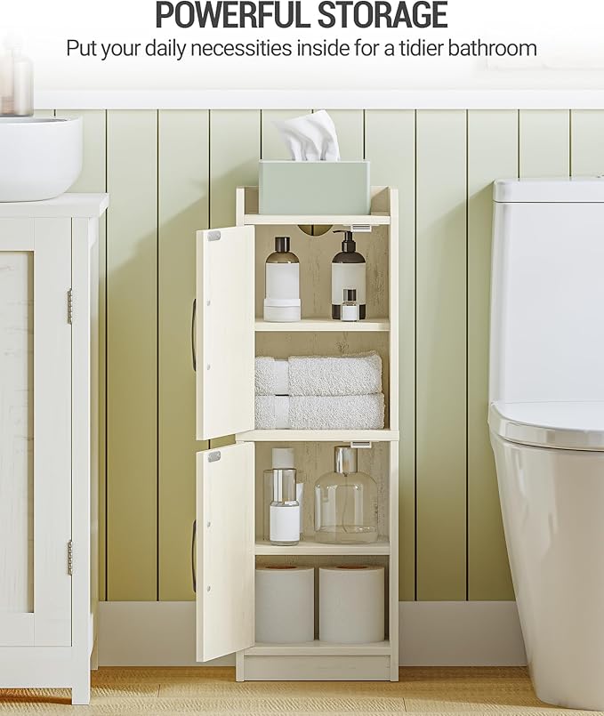 Bathroom Storage Cabinet, Small Corner Floor Cabinet with Door and Shelves, Narrow Bathroom Organizer and Paper Storage with Adjustable Shelves, for Small Spaces, Rustic White BC27114X