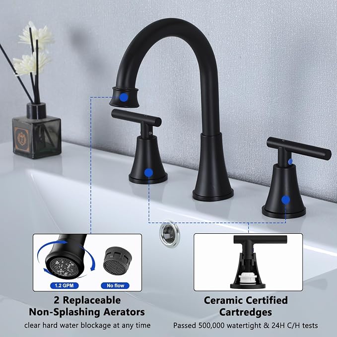 HOTIS Black Bathroom Faucet 3 Hole, 2 Handle 360° Swivel Matte Black 8 Inch Widespread Bathroom Sink Faucet, Lavatory Sink Faucet with Pop-up Drain and Supply Lines, HT-BF302