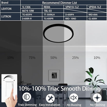 16 Inch Flush Mount Ceiling Light, 28W Dimmable LED Fixture 2800LM, 3000K/4500K/6000K Adjustable, Round Ceiling Lamp for Bedroom, Kitchen, Living Room, Dining Room, Bathroom, Black