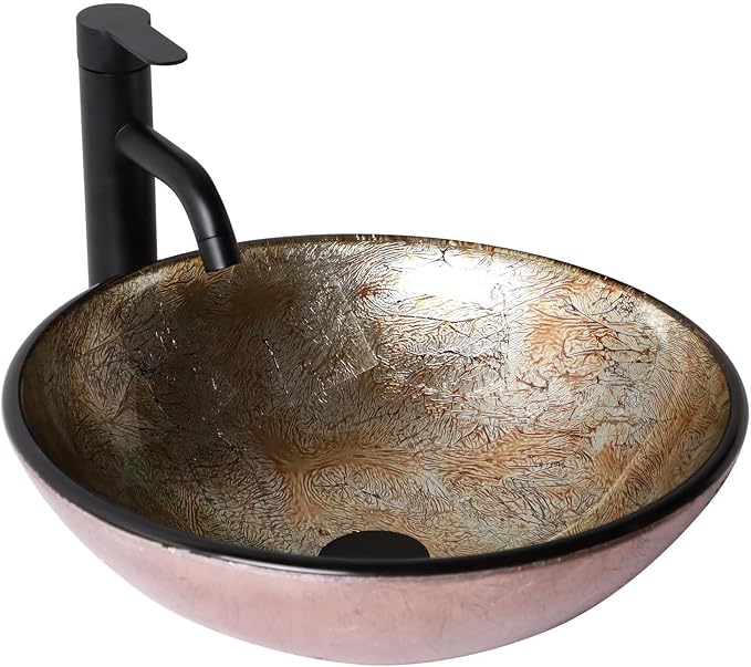 Sarlai Bathroom Vessel Sink Tempered Glass Round Vessel Sink with Faucet and Pop-up Drain Combo 16-1/2 x 16-1/2 Inch Yellow Countertop Bathroom Sink Basin