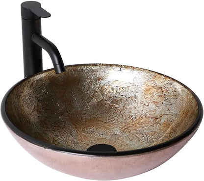 Sarlai Bathroom Vessel Sink Tempered Glass Round Vessel Sink with Faucet and Pop-up Drain Combo 16-1/2 x 16-1/2 Inch Yellow Countertop Bathroom Sink Basin