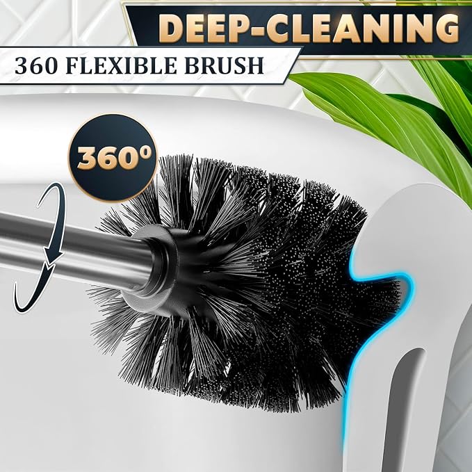 Silver Toilet Brush and Holder Set, Stainless Steel (Square) | Toilet Brush with Holder Set for Bathroom, Splash Protection & Dense Bristles for Bathroom Cleaning, Removable Inner Bowl