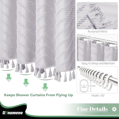 Dynamene Boho Farmhouse Shower Curtain, Lavender Fabric Tufted Chevron Striped Textured Tassel Shower Curtains for Bathroom, Shabby Chic Waterproof Cloth Shower Curtain Set with Hooks, 72x72