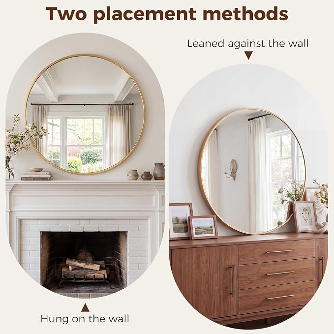 NEWBULIG 24 Inch Round Wall Mirror, Bathroom Mirrors for Over Sink, Matte Metal Framed Circle Vanity Mirror, Wall Decor for Bedroom, Anti-Rust, Tempered Glass, Hanging or Leaning, Classic Gold