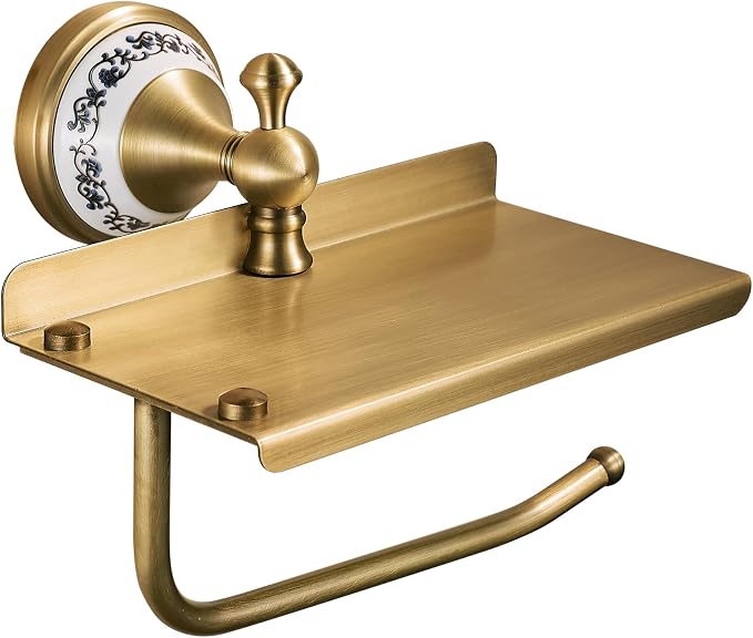 Toilet Paper Holder with Phone Shelf, Bathroom Toilet Paper Roll Holder Antique Bronze Brass Wall Mounted Bathroom Hardware Accessories,Porcelain Design