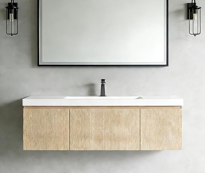 VUMALL48'' Modern Floating Bathroom Vanity Sink Combo, Wall-Mounted Striped Cabinet, Soft-Close Drawer, Glossy White Basin, Compact Elegant Storage-Natural Oak