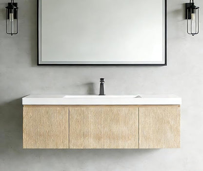 VUMALL48'' Modern Floating Bathroom Vanity Sink Combo, Wall-Mounted Striped Cabinet, Soft-Close Drawer, Glossy White Basin, Compact Elegant Storage-Natural Oak