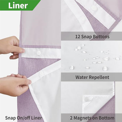 eachope No Hook Fabric Shower Curtain Set with Snap-in Liner,71x80 Lavender | Linen Texture,230GSM Thick Fabric,Hotel Luxury Decor,Mesh Window,Bottom magnetic ,Waterproof & Machine Washable,for Bathroom