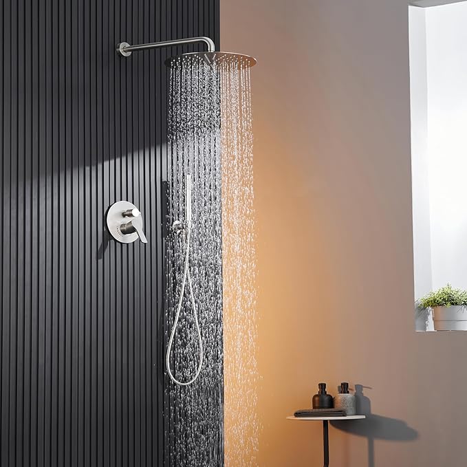 Shower System with Rain Shower and Handheld-12 Inch Rain Shower Head with Handheld- Brushed Nickel Shower Head Fixtures Set for Bathroom (Brushed Nickel)