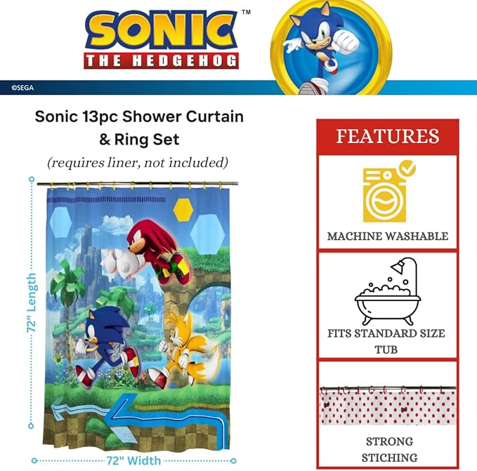 Sonic Anime 13-Piece Shower Curtain Set, 72 x 72 Inch Fabric Curtain with Hooks, Bathroom Decor, Machine Washable, (100% Officially Licensed Product) by Franco Collectibles