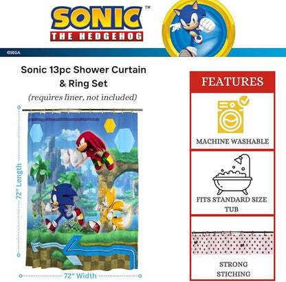 Sonic Anime 13-Piece Shower Curtain Set, 72 x 72 Inch Fabric Curtain with Hooks, Bathroom Decor, Machine Washable, (100% Officially Licensed Product) by Franco Collectibles