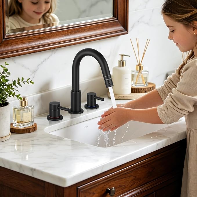 FGKQ Black Bathroom Faucet 3 Hole with Pull Down Sprayer and Pop Up Drain | Stainless steel, RV Bathroom Sink Faucet, 8-Inch widespread vanity faucet, 2-Handle,360° Swivel,llaves para lavamanos de baño