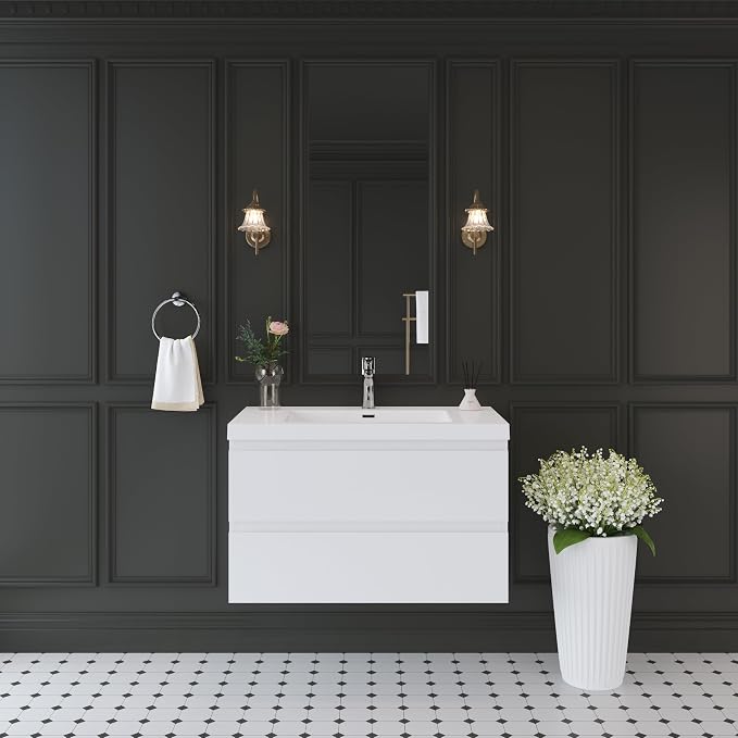 Floating Bathroom Vanity with Sink, 36" Wall-Mounted Bathroom Vanity | Resin Top Basin and Soft Close Drawers, No Assembly Required, Glossy White