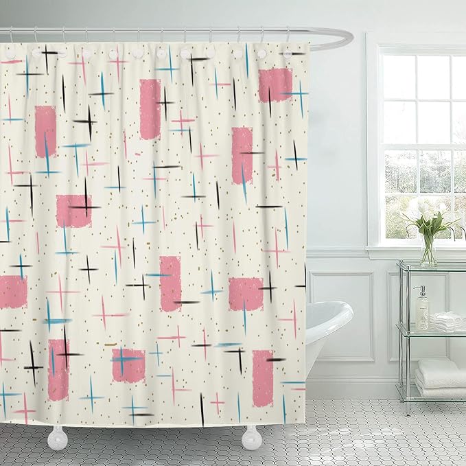 Shower Curtain for Bathroom Decor, 66 x 72 Inch, Mid Century Modern | Atomic Vintage 1950s Turquoise Waterproof Polyester Fabric Shower Curtains Set with Hooks