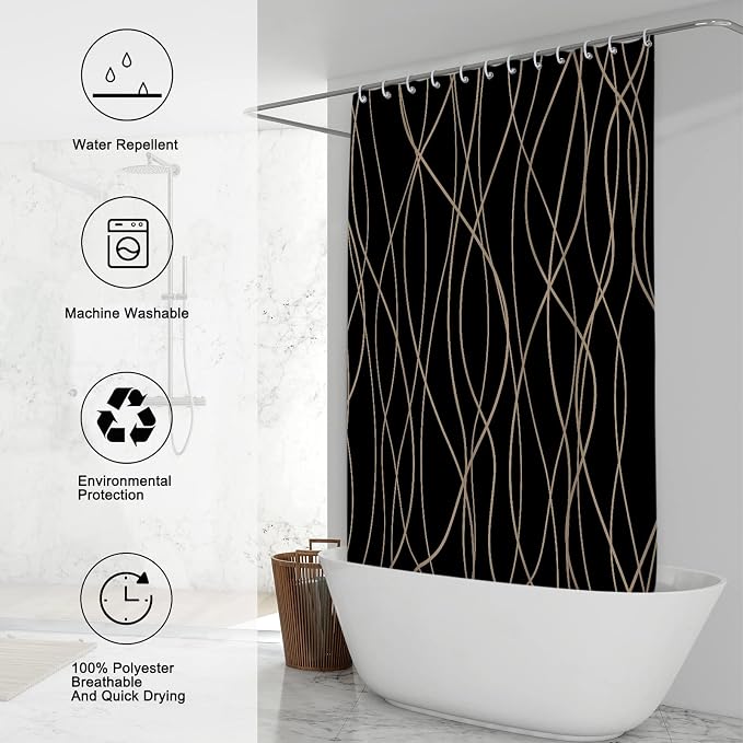 Striped Shower Curtain for Bathroom, Black Brown, 72" W x 72" L | with Hooks, Modern Hotel Style, Water Repellent, Washable, Weighted Hem