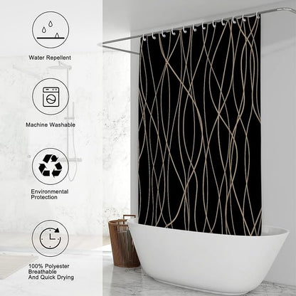 Striped Shower Curtain for Bathroom, Black Brown, 72" W x 72" L | with Hooks, Modern Hotel Style, Water Repellent, Washable, Weighted Hem