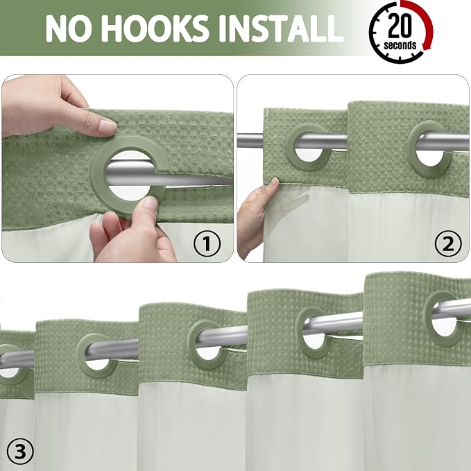 No Hook Shower Curtain with Liner Set Hotel Waffle Sage Green 72W X 81L | Washable Snap in Fabric Liner, Mesh Top Window, Waffle Hotel Style Shower Curtain Set