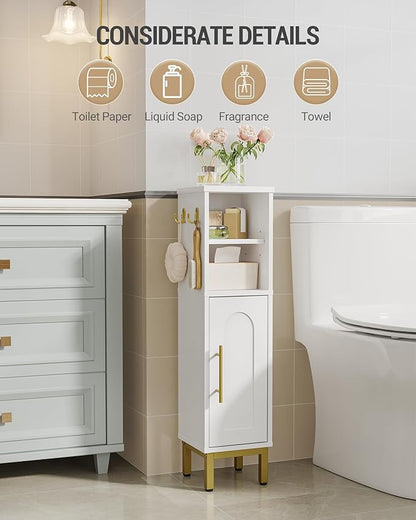 Bathroom Storage Cabinet, Corner Floor Cabinet with Door & Shelves, 2Hooks, Small Narrow Storage Organizer, Toilet Paper Cabinets for Small Space, White SC16313G