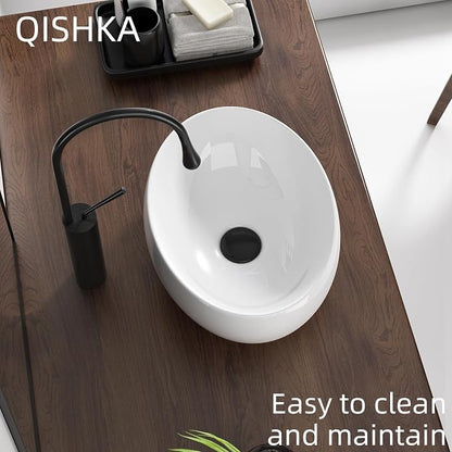 16 Inch Oval Bathroom Sink Above Counter, QISHKA 16" x 12" Ceramic Countertop Vessel Sink, White Modern Egg Shape Bowl Sink Hand Wash Basin