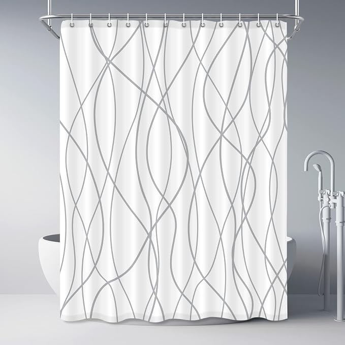 Striped Shower Curtain for Bathroom, Grey White, 72" W x 84" L | with Hooks, Modern Hotel Style, Water Repellent, Washable, Weighted Hem