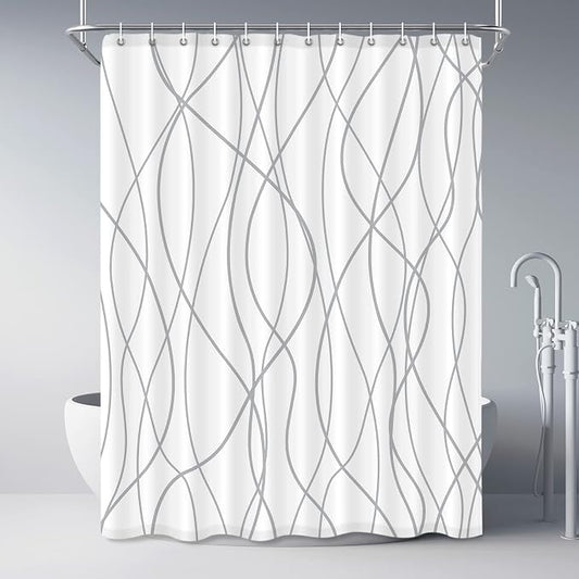 Striped Shower Curtain for Bathroom, Grey White, 72" W x 84" L | with Hooks, Modern Hotel Style, Water Repellent, Washable, Weighted Hem