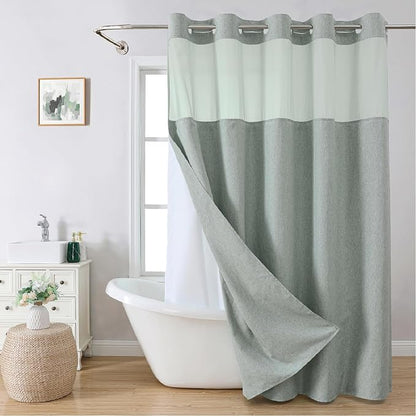 eachope No Hook Fabric Shower Curtain with Snap-in Liner,71x77 Sage Green | Linen Texture,230GSM Thick Fabric,Hotel Luxury Decor,Mesh Window,Bottom magnetic ,Waterproof & Machine Washable,for Bathroom