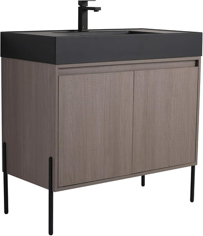 Crownpoint 36 Inch Bathroom Vanity with Sink, Black Sink, Gray Oak Finish, Full Assembly Required, Elegant Bathroom Vanities for Modern Homes