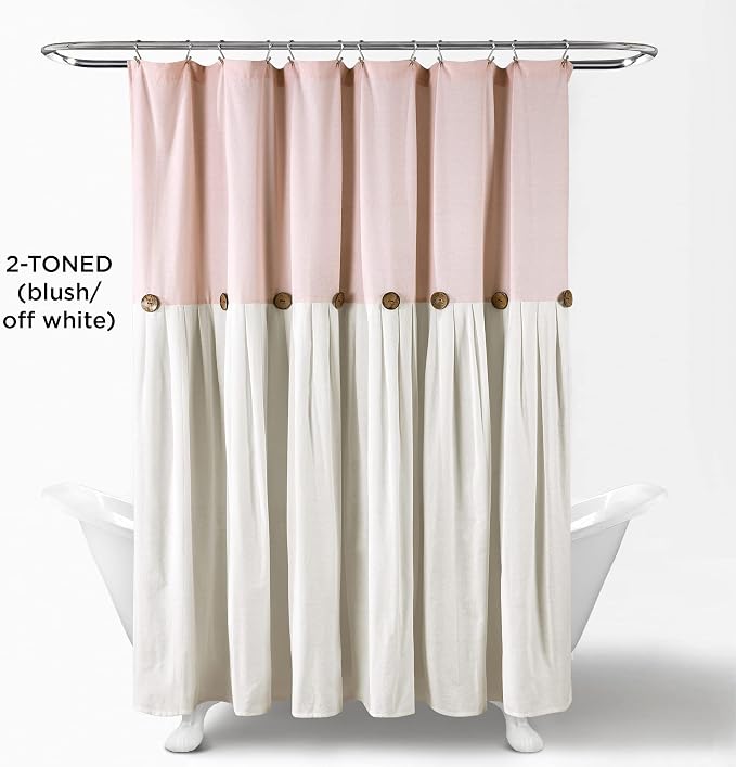 Lush Decor Linen Button Shower Curtain, 72" W x 72" L, Blush & Off White - Pink Bathroom Curtain - Fabric Shower Curtains - Farmhouse Bathroom Decor
