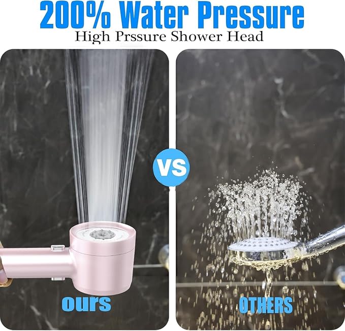 High Pressure Shower Head with Handheld, with Pause Switch 4 Spray Modes Water Saving Showerhead,Showerhead Set with Hose, Bracket and Cotton Filter, (pink)