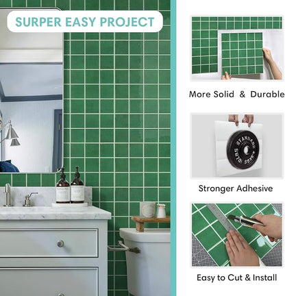 Commomy Thicker Green Peel and Stick Tiles - 10 pcs of 12" x 12" | 3D Adhesive Square Peel and Stick Tiles Backsplash for Kitchen, Bathroom, Removable, Waterproof, Vinyl Wall Tile