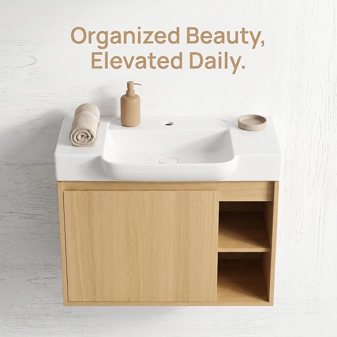 28" Bathroom Vanity with Sink, Wall-Mounted Cabinet, Light Oak | Ceramic Sink, Soft-Close Door & 2 Open Storage Shelves, Modern Farmhouse Sink Cabinet, Easy to Clean for Small Bathroom
